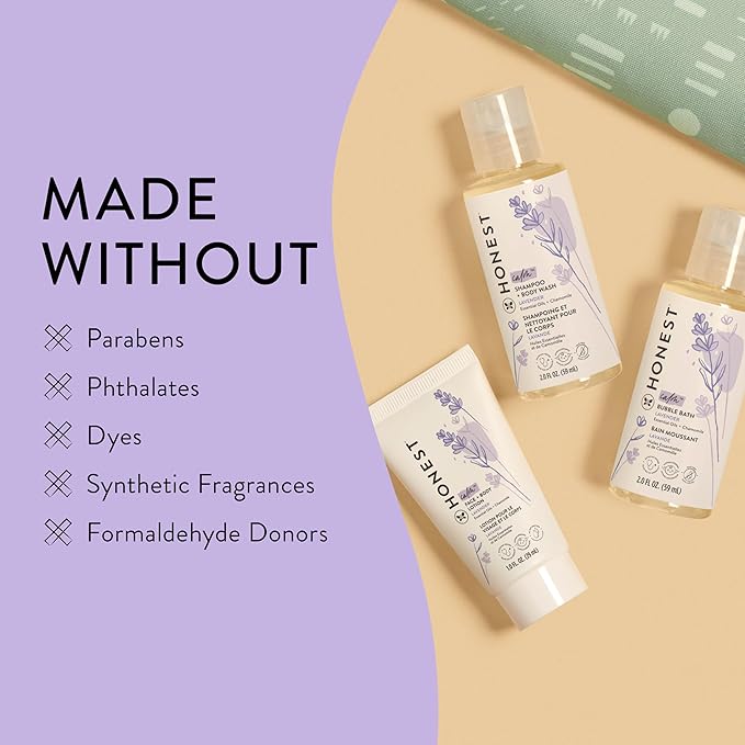 The Honest Company Babe's Mini Must Haves Gift Set Travel Size Hypoallergenic Lavender Bathtime Essentials Shampoo Body Wash (2 fl oz) Face Lotion (1 Bubble Bath