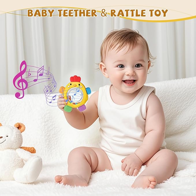 Baby Teething Toy for Babies Over 3 Months, BPA-Free Silicone Teether, Teething Relief & Fun Play with Rattle, Perfect Baby Easter Basket Stuffers & Baby Toys