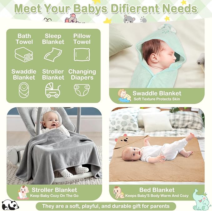 14 Pcs Baby Towels Washcloths and Baby Bibs Set, 4 Pcs 32x32 Hooded Bath Towel, 8 Pcs Baby Washcloths and 2 Pcs Cotton Baby Bibs for Newborns, Toddlers and Kids, Soft Baby Towel Set for Boys and Girls