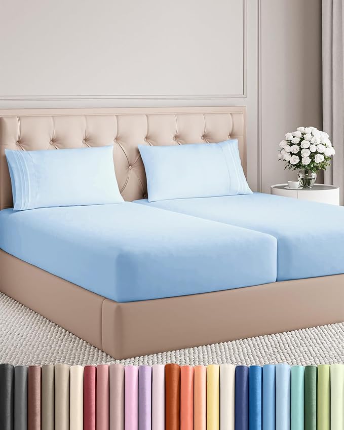 Split King Size 5 Piece Sheet Set - Comfy Breathable & Cooling Bed Sheets Set - Hotel Luxury Bedding for Women, Men, Kids, Teens, Boys & Girls - Deep Pockets and Wrinkle Free - Oeko-Tex - Light Blue