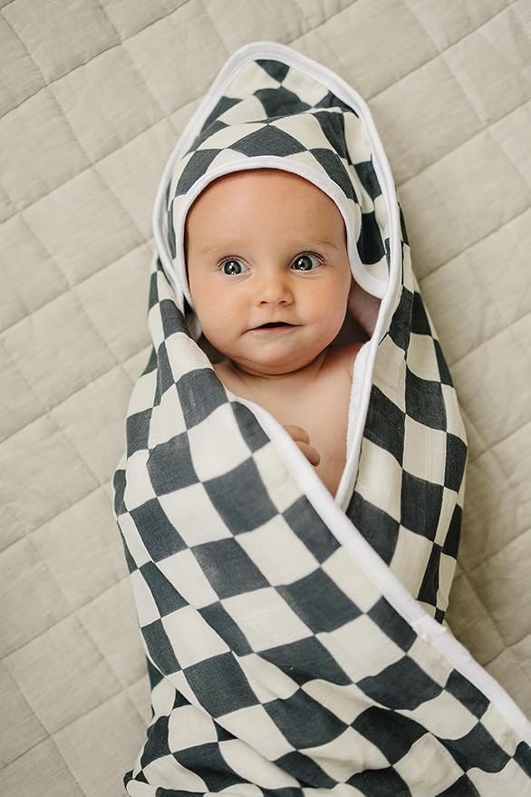 Mebie Baby Muslin Hooded Towel, Charcoal Checkered, Cute Hooded Baby Bath Towel for Newborn, Infant & Toddler, Modern Baby Towels and Washcloths for Boy & Girl, Floral & Pattern Hooded Baby Towels
