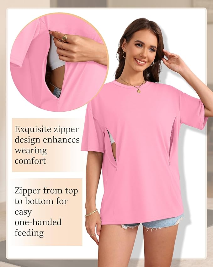 3 Pack Women's Oversize Nursing Breastfeeding Shirts Hidden Zipper Short Sleeve Loose Fit Maternity Tops
