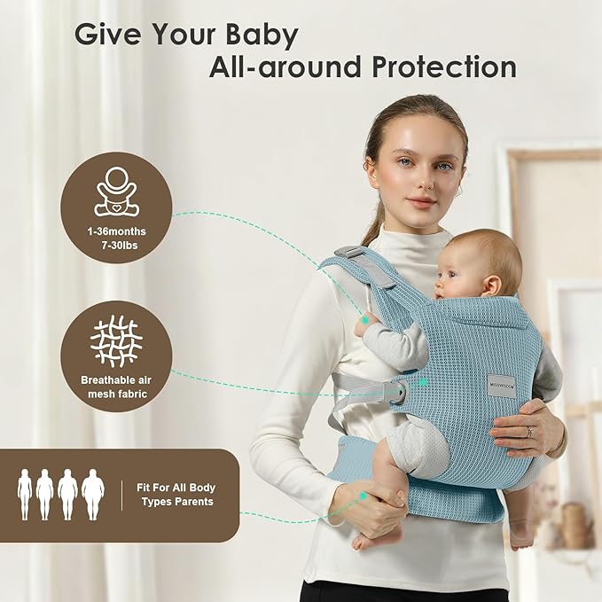 Baby Carrier Newborn to Toddler, Easy Adjustable Toddler Carrier for 7-30lbs, Baby Holder Wrap Carrier, Breathable Mesh Fabric Infant Kangaroo Hip Carriers with Lumbar Support, Blue