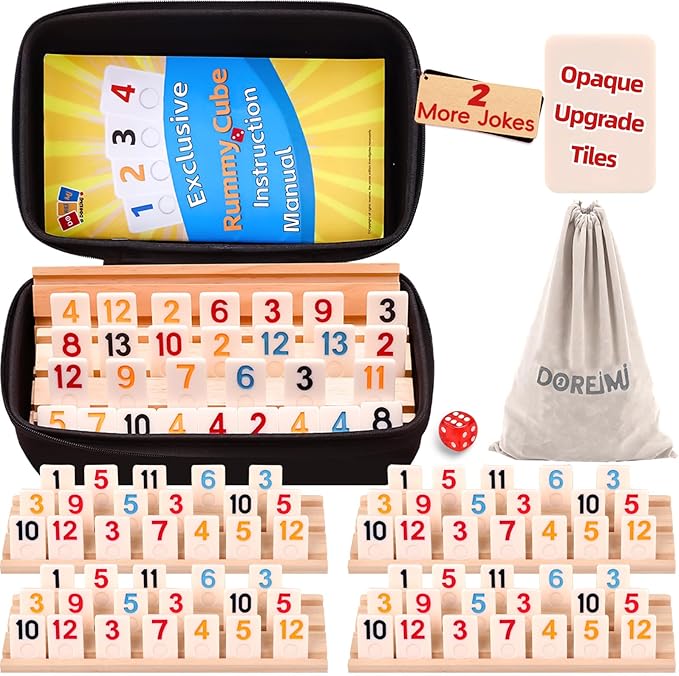 Upgraded Rummy Cube Game Set 4 Players, Travel Family Board Game for Adults and Kids Age 8+,Birthday Gifts for Women Men Dad Mom （108 Tiles+4 Racks ）
