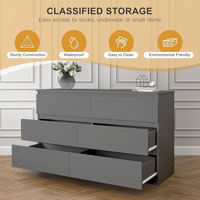Grey Dresser for Bedroom,48'' Modern 6 Drawer Dresser with Deep Drawer,Storage Wide Chest of Drawers,Wood Bedroom Storage Furniture for Living Room,Closet