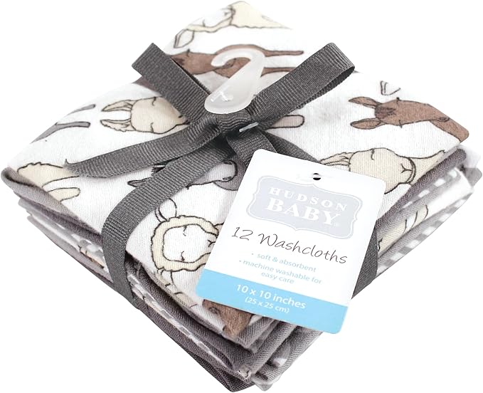 Hudson Baby Unisex Baby Flannel Cotton Washcloths 12-Pack, Farm Friends Grey, One Size