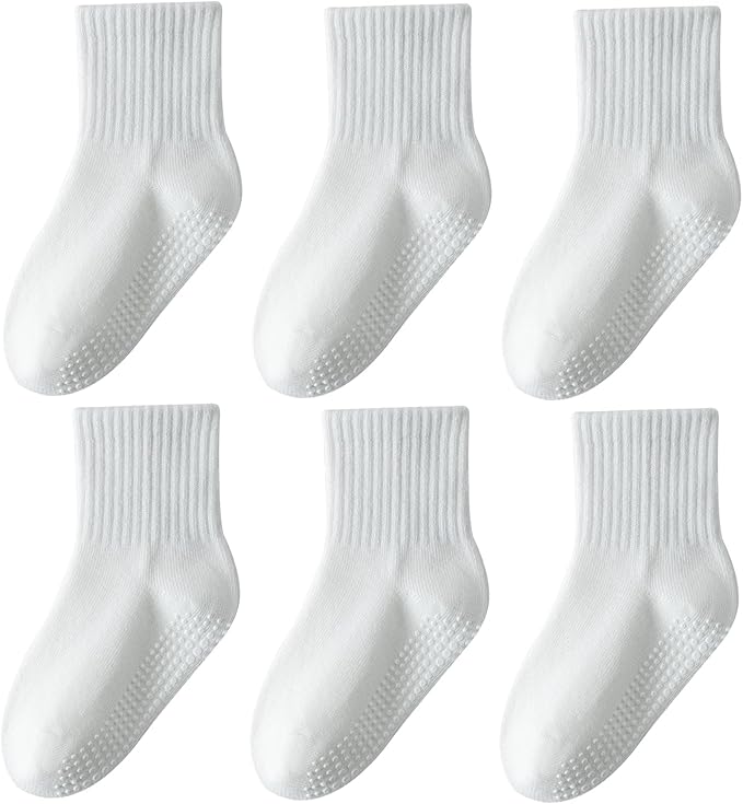 Toddler Grip Socks with Non-Slip, Unisex Baby Retro Stripe Seamless Crew Ankle Cotton Socks for Girls Boys 6 Pairs