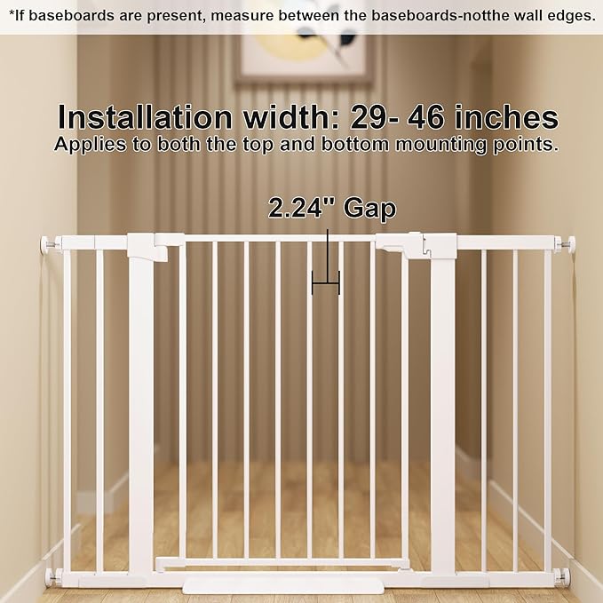 29-46 inches Metal Baby Gate for Stairs/Doorways, 30 inches Tall Pressure Mounted Pet Gates, Auto-Close Child Safety Gate, No Drilling Easy Walk-Through Dog Gate Indoor, White