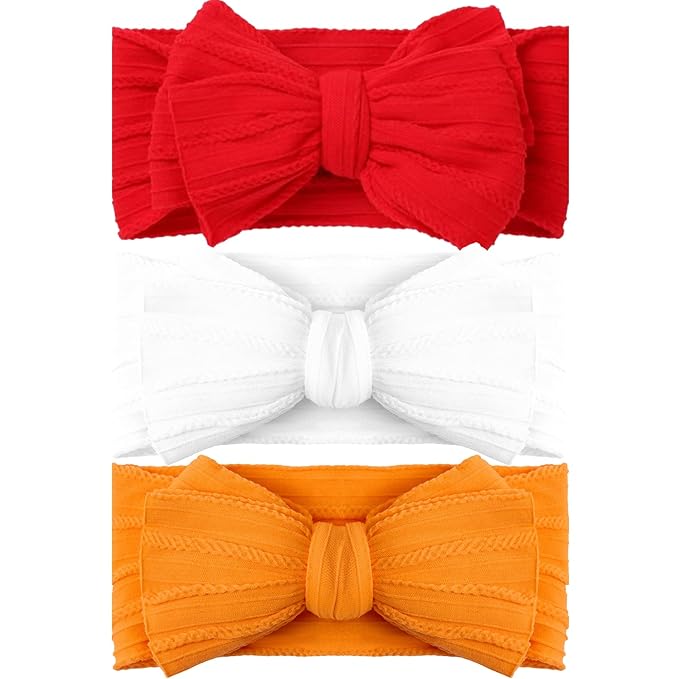 Halloween Baby Girl Bows Newborn Headband Stretchy Double Bows Soft Infant Toddlers (Red& White& Orange)