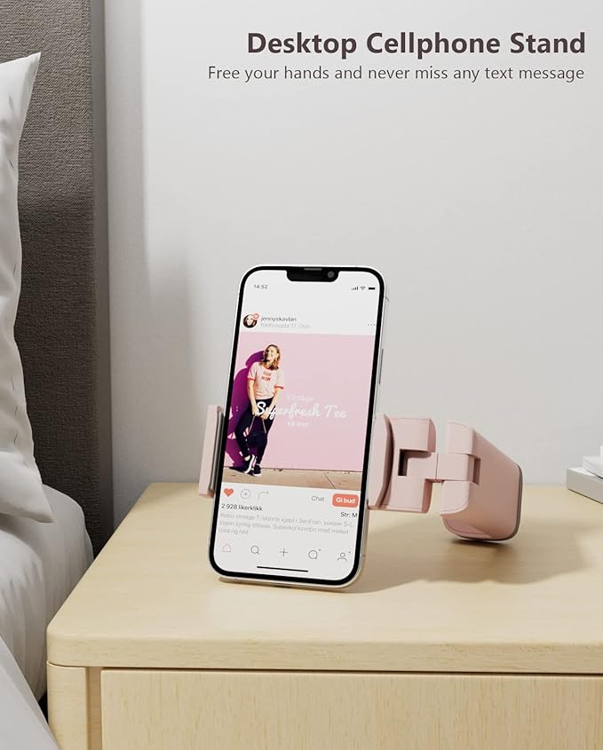 MiiKARE Travel Essentials Airplane Phone Holder, Universal Handsfree Phone Mount for Flying with 360 Degree Rotation, Travel Must Haves Phone Stand for Desk, Tray Table, Black&Pink