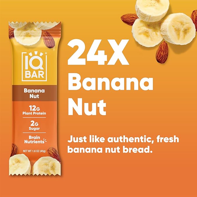 IQBAR Brain and Body Clean Plant Protein Bars - Banana Nut - 24 Bars - Keto, Vegan, High Fiber, Gluten and Dairy Free, Low Sugar Snack with Nutrients for Focus, Energy, Meal Replacement