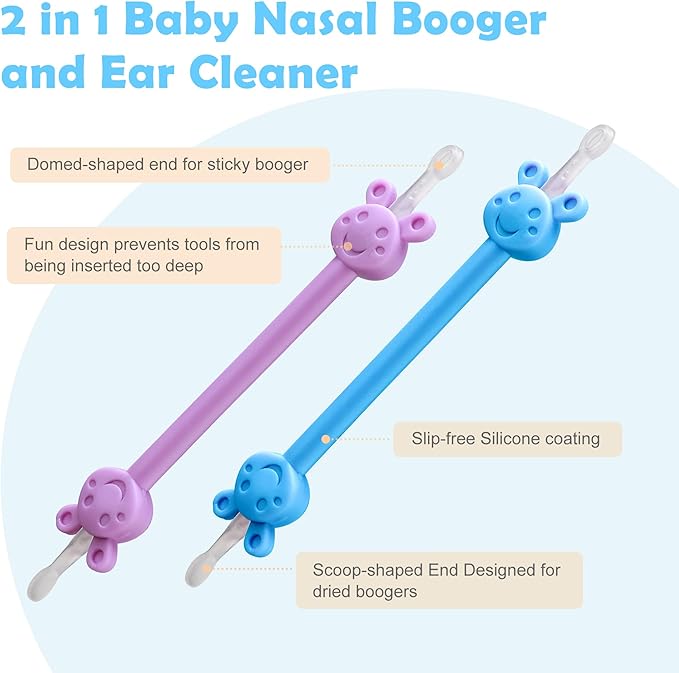 Baby Nose Ear Cleaning Tool 2 Pack - Nasal Booger Ear Clearner Dual Earwax Snot Remover,Suitable for Newborns and Infants with Soft Flexible Silicone Dual Ended Design