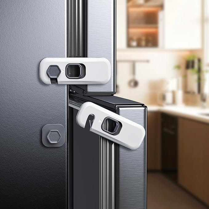 2-Pack Fridge Locks, Child Proof Refrigerator/Freezer Door Lock, Child Safety Cabinet Lock with Adhesive Pads - Freezer Latch to Keep Door Closed for Latches,Drawer,Closets,Oven (Grey)