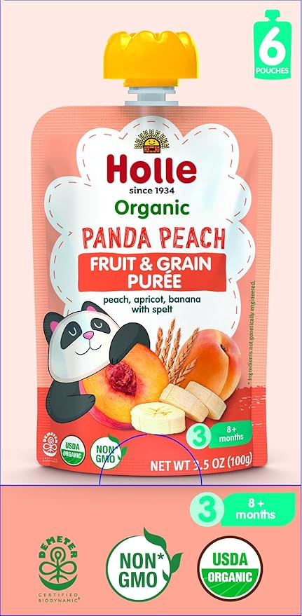 Holle Organic Baby Food Pouches - Panda Peach Baby Puree with Peach, Banana, Apricot & Spelt - (6 Pack) Organic Baby Snacks + Fruit and Veggie Pouches for Weaning Babies 6 Months and Older
