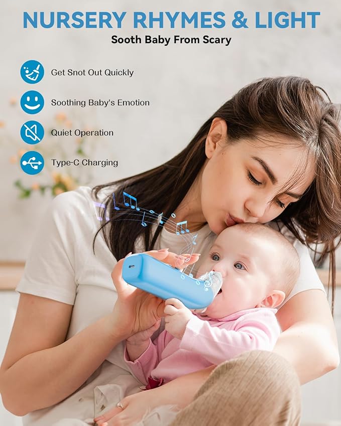 Nasal Aspirator for Baby, Electric Baby Nose Suction with 5 Adjustable Levels Suction, USB-C Rechargeable Mucus Cleaner with Lights and Music, Baby Nasal Aspirator for Toddler with 3 Silicone Tip