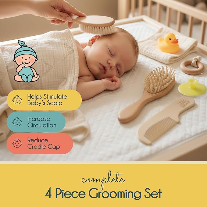 Baby Hair Brush and Comb Set for Newborn Wooden 4 Piece Soft Goat Hair Bristles, and Comb Set for Newborn Girl Boy and Toddler Soft Cradle Cap New Born Infant Hair Brushes Perfect Baby Registry Gift
