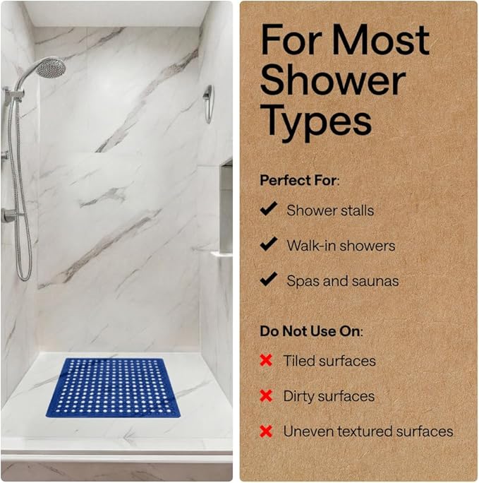 GORILLA GRIP Patented Square Shower Stall Mat, Small Bathtub Floor Mats for Stand Up Showers, Suction Cups, Drain Holes, Machine Wash, Soft on Feet, Bathroom Accessories 21x21 Inch, Royal Blue Opaque