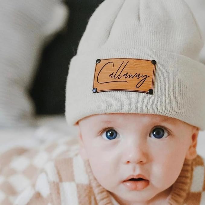 Personalized Name Baby Beanie Hat Leather Patch - Apricot Beanies Knit Hat Birthday Gifts for Kids Toddler to Adults