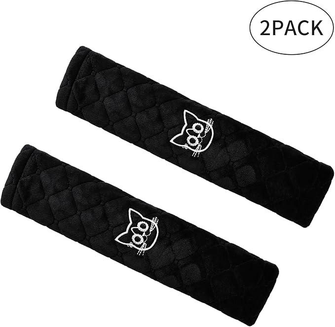 Amooca Soft Auto Seat Belt Cover Seatbelt Shoulder Pad Cushions 2 PCS for a More Comfortable Driving Universal Fit for All Cars and Backpack Black Cat