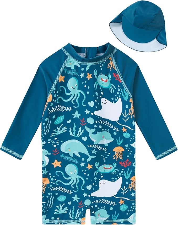 ADUKIDE Baby Boys Swimsuit Summer Beach Rash Guard Swimwear One Piece Sunsuit with Sun Hat 3-24 Months