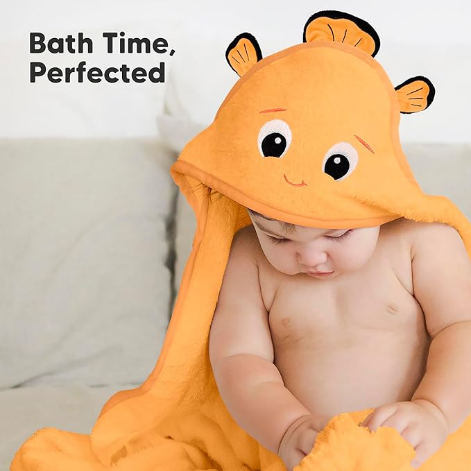 KeaBabies Hooded Baby Towel for Newborn - Viscose Derived from Bamboo Large Baby Bath Towels with Hood for Boys, Girls, Toddler, Extra Absorbent & Soft Newborn Bath Essentials (Clownfish, Regular)