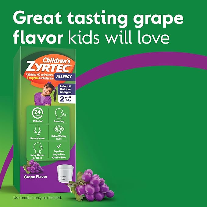Zyrtec Children’s 24-Hour Allergy Relief Syrup, 5 mg Cetirizine Hydrochloride Antihistamine, Kids Allergy Medicine for Indoor/Outdoor Allergies & Hay Fever, Dye-, Alcohol- & Sugar-Free, Grape, 8 fl oz