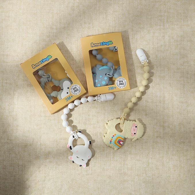 Baby Food Grade Silicone Teether Toy with Pacifier Clip Holder,Teething Toys Gift Set for 3 Months+ Boys and Girls,Freezer Safe,BPA Free. (Yellow Llama)