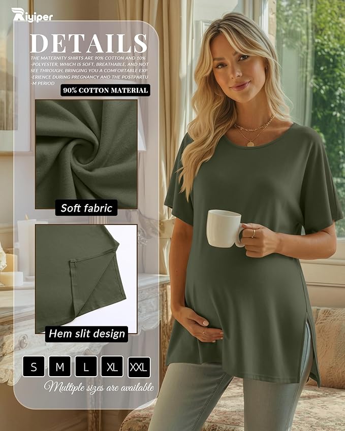 Riyiper 3 Pack Women's Maternity Tunic Shirts Cotton Summer Pregnancy Clothes Loose Oversized Split Side Blouse Tops