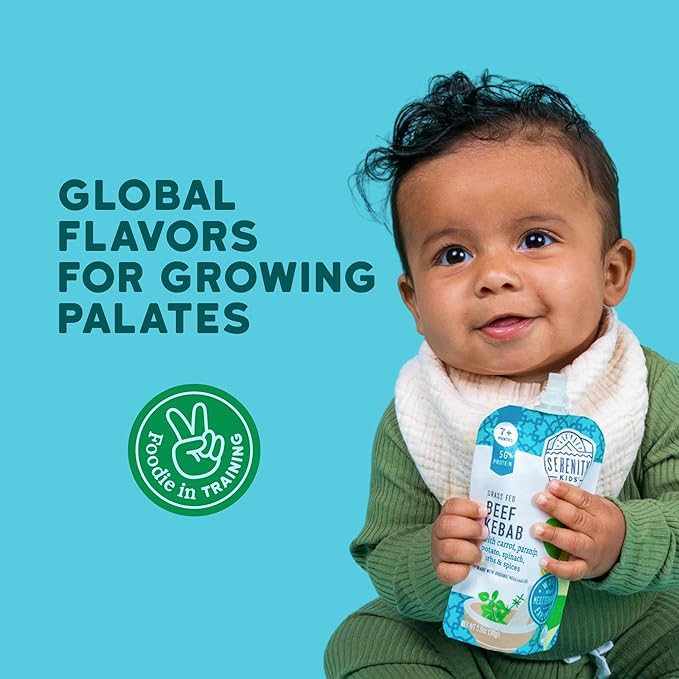 Serenity Kids 7+ Months World Explorers Baby Food Pouch - Beef Kebab, 3.5 oz, Pack of 12-5g Protein Pouch - Nutrient-Packed Meat Baby Food - On-the-Go Toddler Snacks