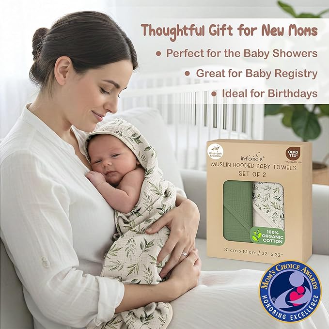 100% Organic Cotton Muslin Baby Hooded Towels 32x32 Inch – 2 Pack Soft & Absorbent Baby Hooded Towel Wrap for Boys & Girls, Premium Hooded Towels, Gentle Baby Essentials in Deep Green/Floral