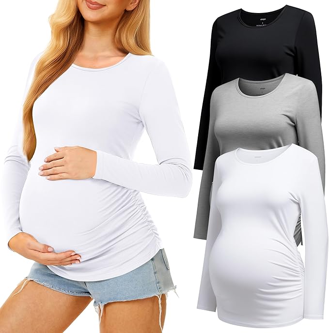 3 Pack Maternity Shirts Long Sleeve Pregnancy Top for Women with Crew Neck Casual Tee Shirts