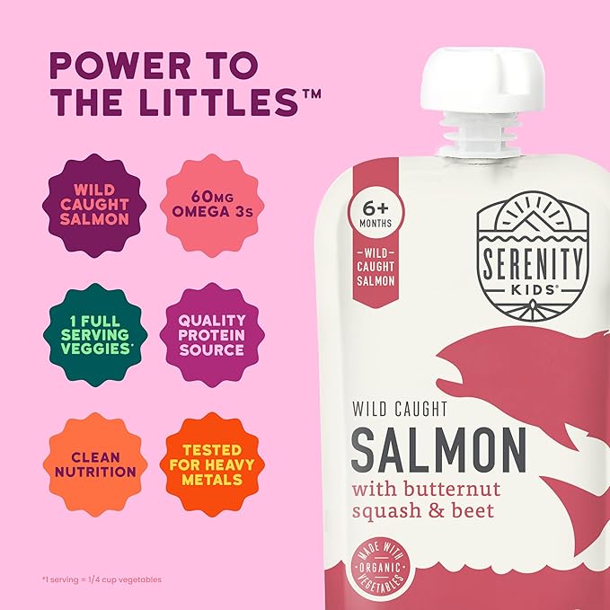 Serenity Kids 6+ Month Salmon Baby Food Pouches - No Added Sugar with Butternut Squash & Beet - BPA-Free Pouches for Infant Travel Essentials - 3.5 Oz, Pack of 12
