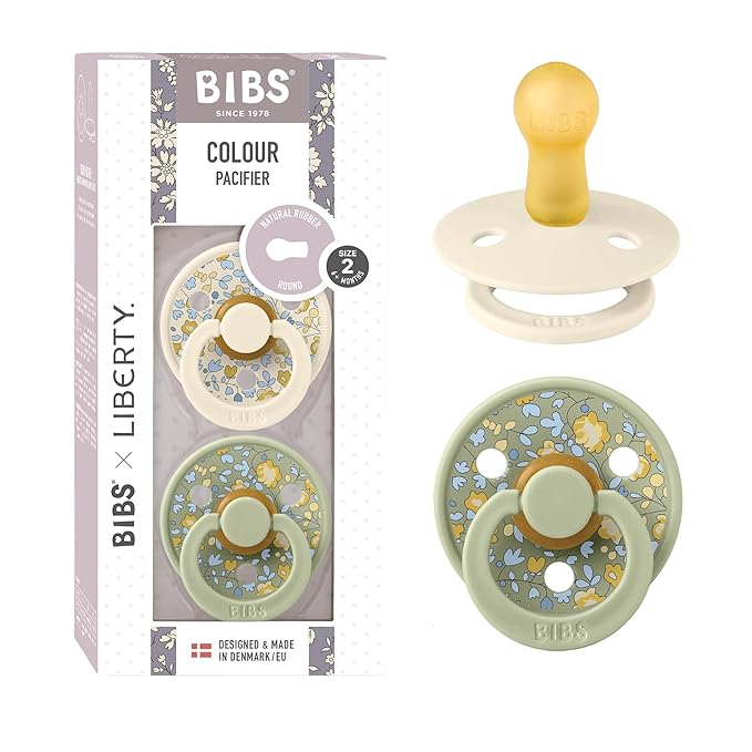 BiBS Liberty Pacifier 2-Pack, BPA Free Pacfiers with Natural Latex Round Nipple, Made in Scandinavia, Size 2 (6-18 Months), Eloise Sage