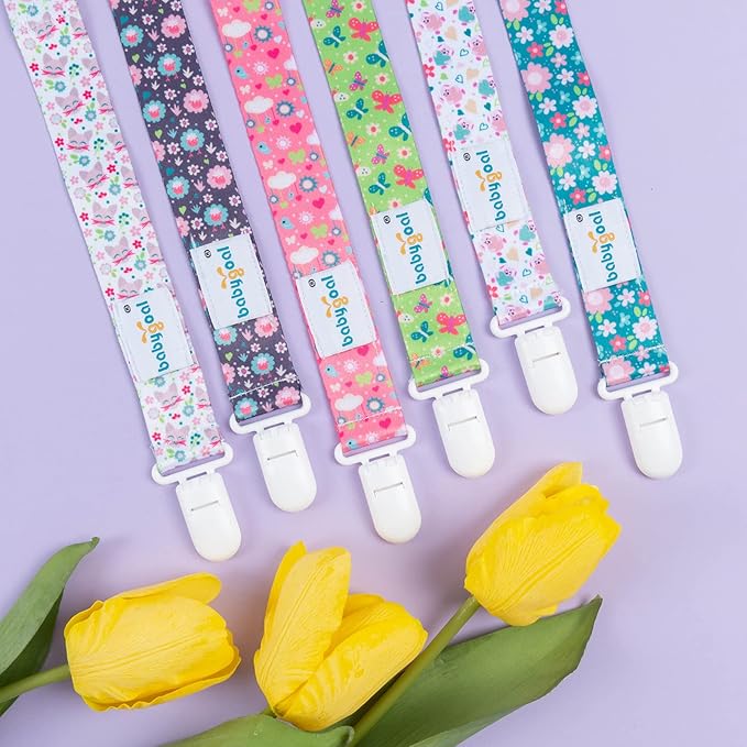 babygoal Floral Pacifier Clips, 6 Pack Binky Paci Holder Leashes Fits for Most Pacifiers and Binkies 6PB16