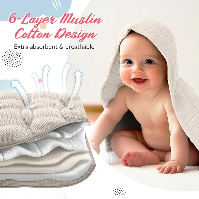 6 Pcs Muslin Hooded Bath Towels Washcloths and Bibs Set, Muslin Cotton Baby Towels Absorbent Hooded Blanket Towel Infant Bibs for Boys Girls Newborn Infant Essentials(Light Green,Light Gray)