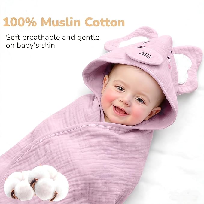 CandyHome 4 Pack Muslin Baby Towels for Newborn Set, 100% Cotton 2 Hooded Baby Bath Towels 32x32" with 2 Washcloths 10x10", Super Soft Absorbent Infant Toddler Bath Essentials Gifts, Elephant & Deer