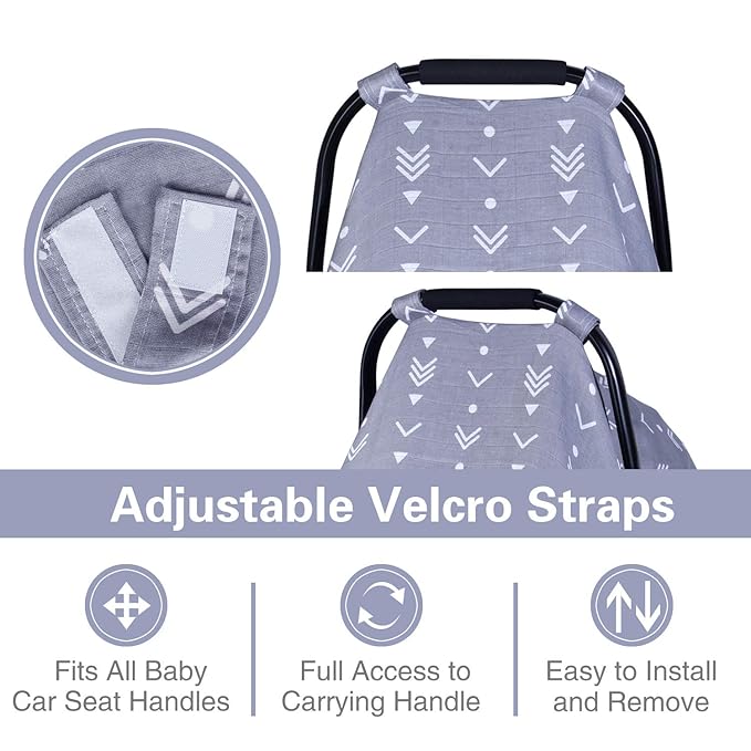 Muslin Baby Car Seat Canopy, Metplus Infant Carseat Cover - Extra Wide Universal Fit, Lightweight Breathable Soft for Babies Girls Shower Gift (Arrow)
