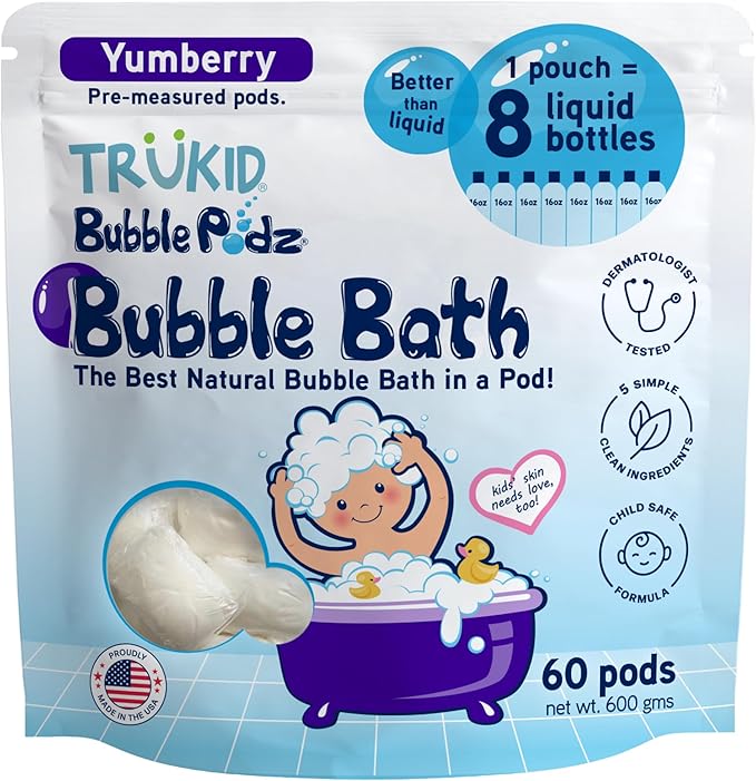 TruKid Bubble Podz Bubble Bath for Kids, Toddlers, & Babies, Tear Free Gentle & Refreshing Bath Bomb for Sensitive Skin with Natural Moisturizers, Non-Toxic, pH Balanced, Yumberry Scent (60 Podz)