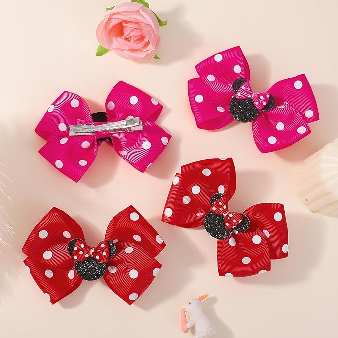 4PCS Mouse Ears Hair Bow Clips, 3 Inch Toddler Girls Polka Dot Hair Accessories, Birthday Party Decoration for Baby Toddler Girls