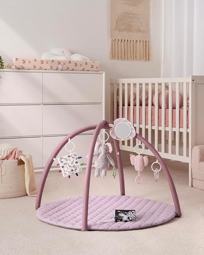 Blissful Diary Baby Play Gym Mat, Tummy Time Activity Mat with 6 Detachable Toys for Stage-Based Sensory & Motor Skill Development, Easy to Install & Clean, Baby Essentials Gift, Lavender Pink