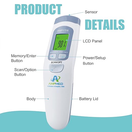 Amplim Non-Contact Forehead Thermometer for Kids and Adults, AmpMed No-Touch Baby Head Temporal Digital Fever Thermometer for Accurate Temperature Reading (White Blue)