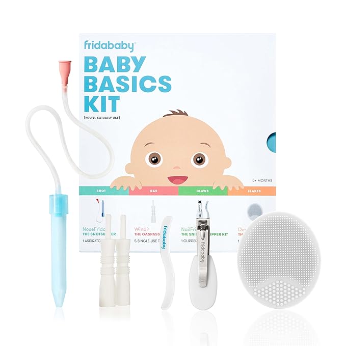 Frida Baby Basics Kit, Baby Essentials Kit Includes Nasal Aspirator Snotsucker, NailFrida Nail Files, Windi Gas Relief, DermaFrida Bath Brush + Silicone Carry Case (Pack of 8)