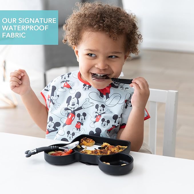 Bumkins Disney Short Sleeve Bib for Girl or Boy, Toddler and Kids for 1-3 Years, Large Size, Essential Must Have for Junior Children, Eating, Mess Saving Soft Fabric Apron for Play, Mickey Mouse