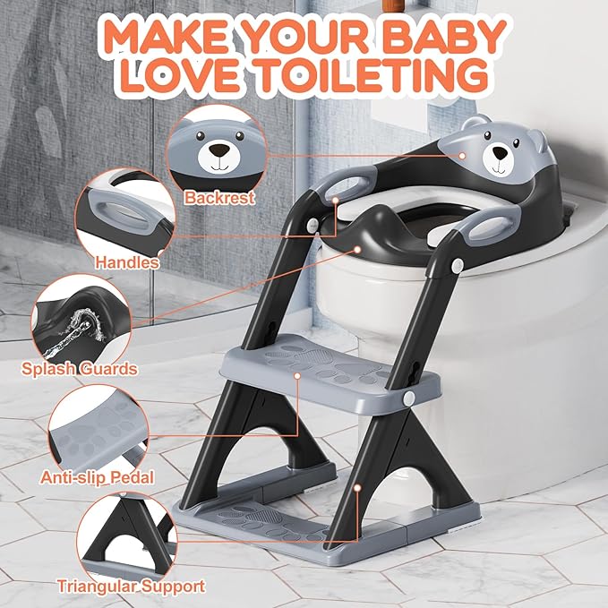 Potty Training Seat ，SKYROKU Potty Training Toilet with Step Stool Ladder, for Kids Boys Girls Toddlers - Comfortable Safe Potty Seat with Anti-Slip Pads Ladder (8898 Black)