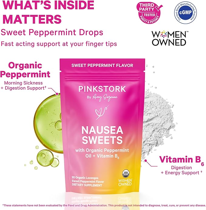 Pink Stork Organic Peppermint Sweets for Morning Sickness and Motion Sickness Support, Added Vitamin B6, 1st Trimester Pregnancy Must Haves - 30 Wrapped Peppermint Candies