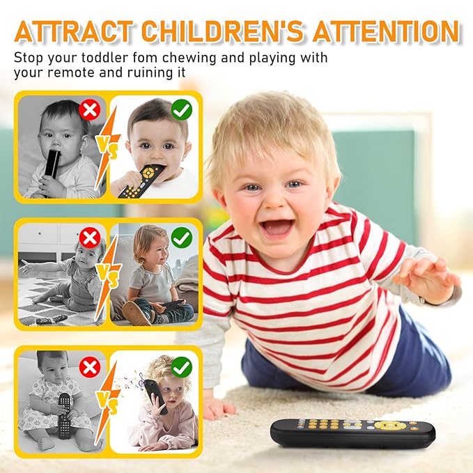 Baby TV Remote Control Toy 6 Month+, Toddler Realistic Remote Toy with Sound and Light, Early Educational Music Toys with 3 Languages English French Spanish for Infant Boys Girls 6 12 18 months