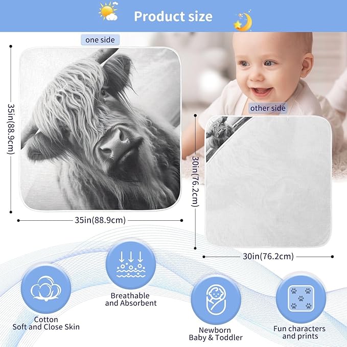 Highland Cow Baby Towel Ultra Soft Hooded Towels for Babies - Ultra Absorbent Cotton Bath Towels 30x30 Inch