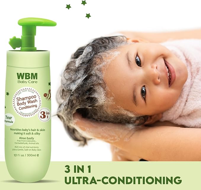 WBM Care 3-in-1 Baby Shampoo, enriched with honey, wheatgerm, and organic olive oil, nourishes baby hair with a gentle, tear-free formula for healthy care