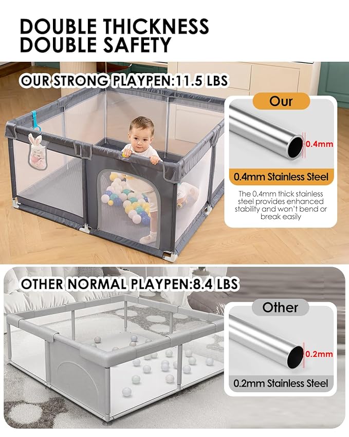 Baby Playpen with Mat, 50" x 50" Extra Large Play Yard for Babies and Toddlers, Baby Fence with Soft Thick Play Mat, Indoor Safety Activity Center for Infants, Easy to Assemble and Clean（Gray）