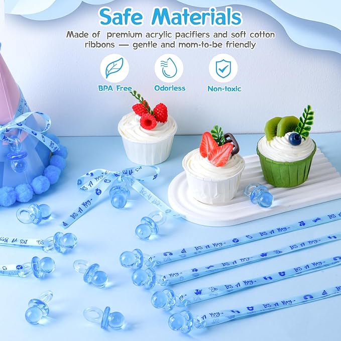 60 Pcs Baby Shower Pacifiers Necklace, Cute Acrylic Pacifier Necklaces for Chupones para Baby Shower Games Charm, Party Favors, Decorations DIY, Gender Reveal Table Scatter(Blue)